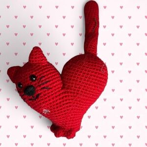 Handmade Red Crochet Cat Heart Decor